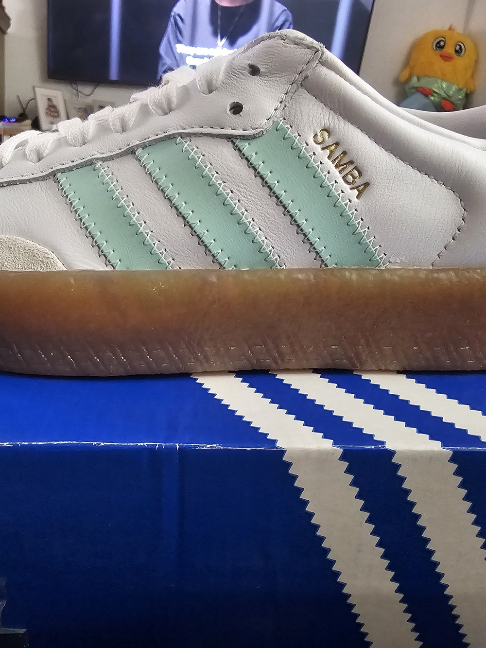 Adidas Samba Leather Sneaker in White with Mint Stripes